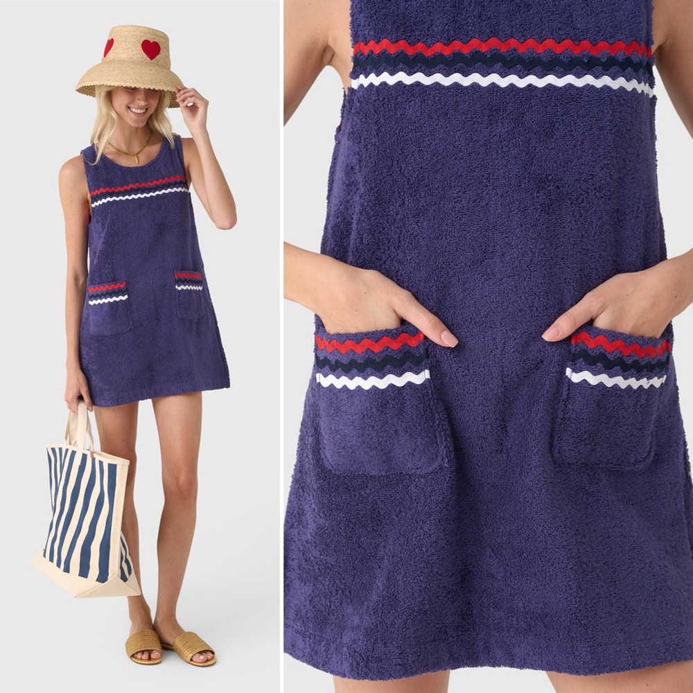 La Veste Mini Towel Dress Med Blue Red White Cotton Terry Americana Resort USA - Picture 2 of 11